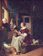 Pieter Cornelisz. van Slingelandt A young lacemaker is interrupted by a birdseller who offers her ware through the window oil on canvas